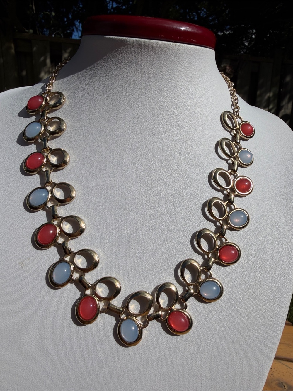 Gold Tone Coral Pink & Powder Blue Cabochon Statement Collar Necklace
